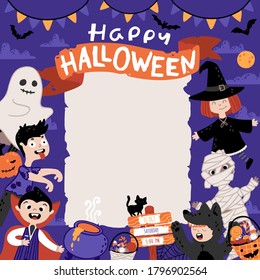 Plantilla de Invitación de Halloween para la fiesta de disfraces infantiles. Un grupo de niños con disfraces variados. Cuta ilustración infantil en estilo dibujado a mano con dibujos animados. Una hoja de papel antiguo y papel.