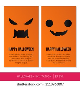Halloween Invitation Template with Pumpkin Face on Orange Background. Vector Cartoon Illustration.