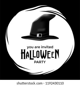 halloween invitation template with witch hat and black circle frame for poster, banner, label, flyer, for announcement or social media