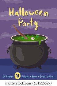 Halloween invitation. Vector cauldron with brewing potion, handwritten invitation calligraphy text flyer design. Night october party greeting card with event date time. Happy halloween illustration