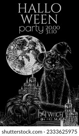 Halloween invitation vector template in engraving style. A black cat in a hat sits on books, a carved pumpkin, candles and a full moon