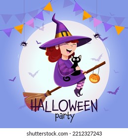 Halloween invitation , witch on a broom with a cat , vector graphics