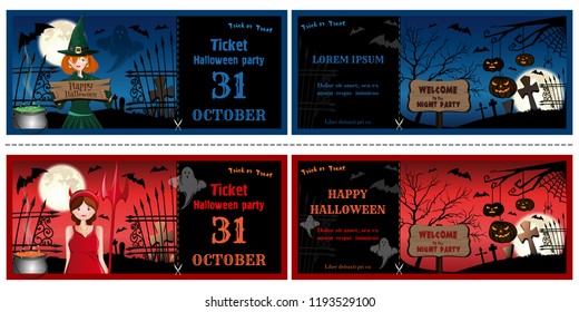 Halloween invitations cards set face and turnover. Halloween leaflets with girls in Halloween costumes. Vector illustration