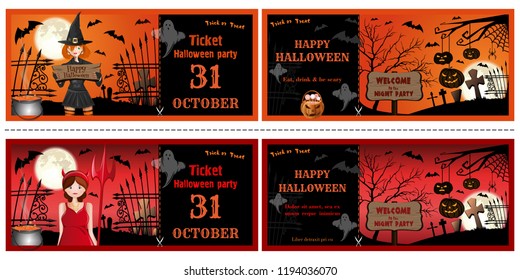 Halloween invitations cards set face and turnover. Halloween leaflets with girls in Halloween costumes. Vector illustration