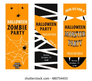 Halloween invitations to monster and zombie party, vertical banners set with spiders. Vector illustration.