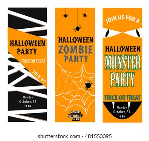 Halloween invitations to monster and zombie party, vertical banners set with spiders and web, orange and black. Vector illustration with eyes and vampire fangs