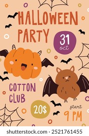 Halloween, inviting card, promotion flyer design. Trick or Treat, festive poster, promo placard, invitation template for cute October 31 holiday night party celebration. Flat vector illustration