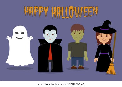 Halloween. Isolated characters: Zombie, vampire, witch and ghost.