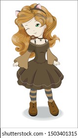 Halloween isolated little girl a cat, with cat's ears, and a spider on a shoulder, against the pumpkin background. The picture in hand drawing style, can be used for party invitation, greeting card.