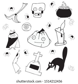 Halloween  isolated objects on white background.Pumpkin,spider,candle,skull.Black and white vector illustration