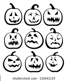 Halloween Isolated Pumpkins on White Background, Vector Illustration, Silhouettes
