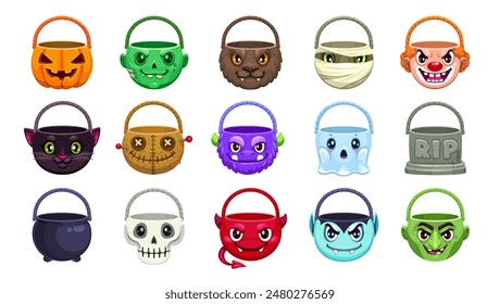 Halloween aislado dulces cubos con caras de monstruo para vacaciones, Vector de dibujos animados. Halloween truco o tratar caramelos de fiesta cesta calabaza, zombi y hombre lobo con momia, diablo, caldero de brujas y cráneo