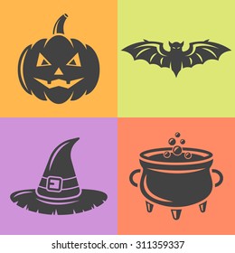 Halloween isolated vector design elements, black icons on colored backgrounds, halloween signs and symbols, pumpkin, bat, witch hat, cauldron with potion silhouettes