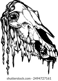 
Halloween isolated vector illustration. Black hatched drawing of a sinister horse skull with remains of hair and skin and an eye in its teeth.