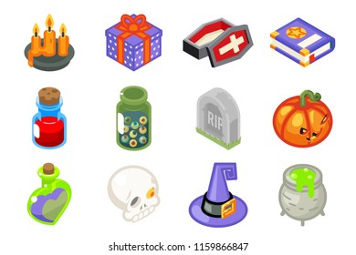 Halloween isometric 3d witch magic set icons isolated flat design line art vector illustration