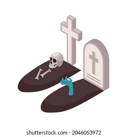 Halloween isometric composition with two graves human bones hand of dead man 3d vector illustration