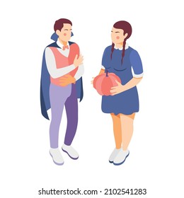 Halloween isometric icon with man wearing costume and plus size woman holding pumpkin isolated vector illustration