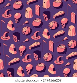Halloween isometric seamless pattern on purple background