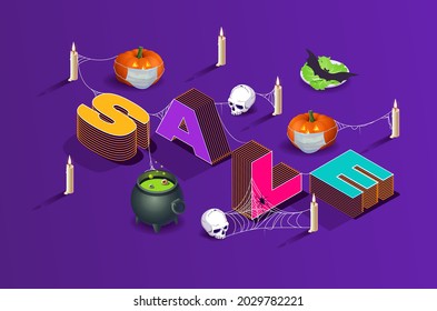 Halloween isometric vector. Autumn sale in online stores. Promotions and discounts concept. Volumetric letters, cauldron, bat, Jack's pumpkin lantern with skulls and candles in the web. Order delivery