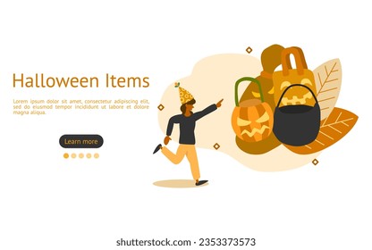 Halloween item illustration. characters are looking at Halloween bags. Halloween equipment and items concept. vector illustration.