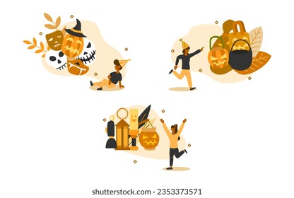 Halloween item illustration set. characters are looking at Halloween equipment including masks, bags, and torch with flashlights. Halloween equipment and items concept. vector illustration.