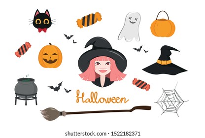 Halloween item, the little witch, the carved pumpkin, the witch's hat, the candy, the spider web, the ghost, the bats,broom and the witch's cauldron.