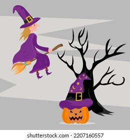 Halloween item set. Witch and pumpkin spooky elements for typography, games, or web design. Vector illustration.