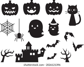 Halloween item silhouette set.(Jack O Lantern, cat, ghost, bat, spider and castle)