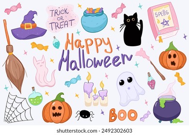 halloween item sticker set, cat, hat, book with spells, gost, candy, broom, candles, potion, spider, cobweb, pumpkin, vector illustrration, violet, orange, pink colors, for web, print, social media 