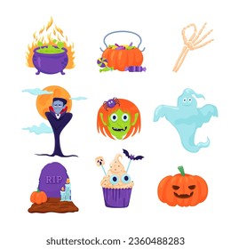 Halloween items and decoration vector illustrations set. Potion cauldron, funny witch, vampire, carved pumpkin, ghost, graveyard, skeleton hand and spooky desserts. Halloween, holiday concept
