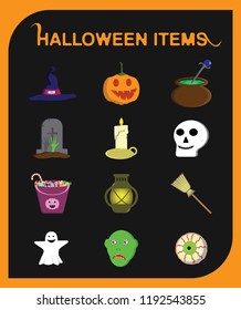 Halloween items, objects and characters set including smiling pumpkin, skull, lamp, zombie, ghost and more