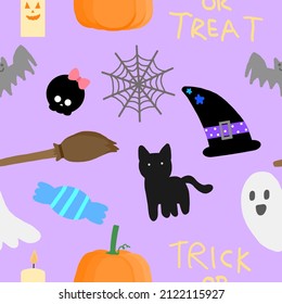 Halloween items on purple background textured seamless pattern for wrap gift box , Pattern for tablecloth, duvet cover, blanket, or other textile print.