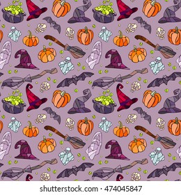 Halloween items pattern. Vector decorative pumpkins, bats, ghosts, broom, caldrons and witch hats stained glass style for your design on light background.