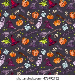 Halloween items pattern. Vector decorative pumpkins, bats, ghosts, broom, caldrons and witch hats stained glass style for your design on dark background.