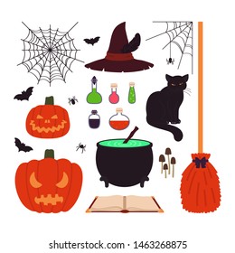 Halloween items set isolated on white background. Vector illustration in cartoon style.