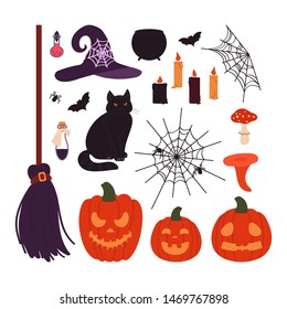 Halloween items set isolated on white background. Vector illustration in cartoon style.