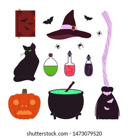 Halloween items set isolated on white background. Vector illustration in cartoon style.