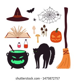 Halloween items set isolated on white background. Vector illustration in cartoon style.