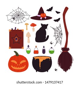 Halloween items set isolated on white background. Vector illustration in cartoon style.