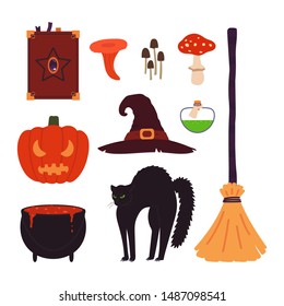 Halloween items set isolated on white background. Vector illustration in cartoon style.