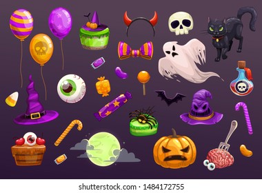 Halloween items set. Spooky elements for typography, game or web design. Vector illustration.