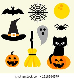 Halloween Items Spooky Icons Vector Bat Withes Hat Spider Web Moon Jack O Lantern Black Cat Ghost Broom