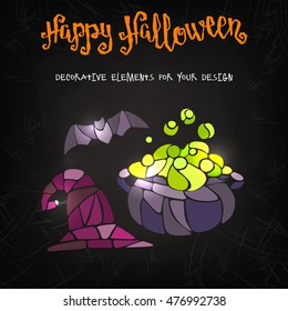 Halloween items. Vector decorative bat, witch hat and caldron stained glass style and handwritten brush lettering for your design on dark background.