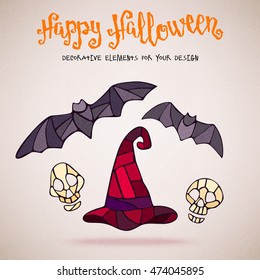 Halloween items. Vector decorative bats, witch hat and skulls stained glass style and handwritten brush lettering for your design on light background.