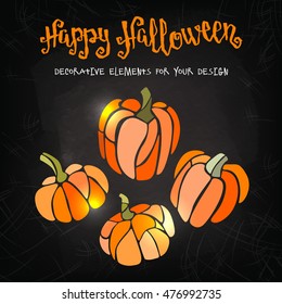Halloween items. Vector decorative pumpkins stained glass style and handwritten brush lettering for your design on dark background.