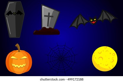 Halloween items yellow moon bat pumpkin coffin grave gravestone
cobweb