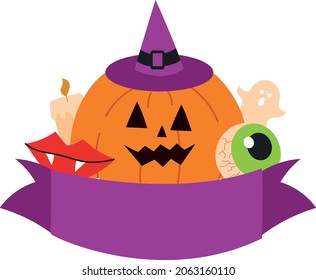 Halloween itens like a pumkpin, eye, ghost, candle and vampire fangs