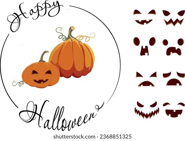 
Halloween jack lantern illustration set, 2 pumpkins and 8 different emotions