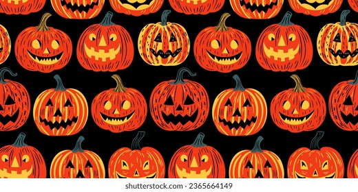 Halloween Jack oder Laternenkartoon nahtlose Mustergrafik. Gruseliger Ferienhintergrund im handgezeichneten Stil. Gespitzte Herbstparty-Tapete, gruselige Kürbistexturkunst.