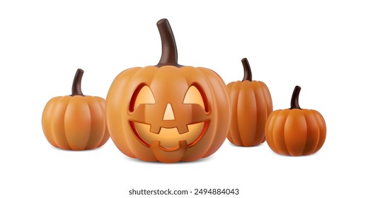 Halloween Jack o Lantern. Carved pumpkin with funny glowing smiling face. 3d cute spooky orange gourd character, party decor, sticker png. Vector cartoon illustration isolated on white background.